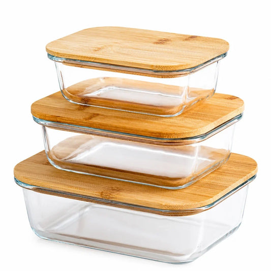 Glass containers with bamboo lids, 3 sizes
