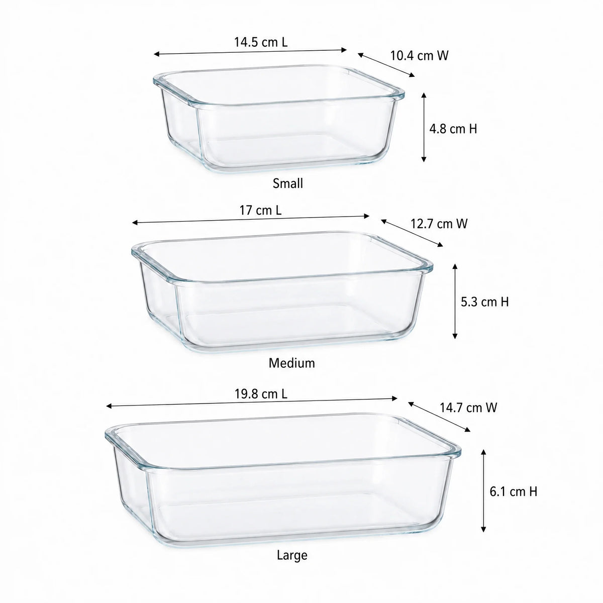 Sizes of the 3 containers in cm