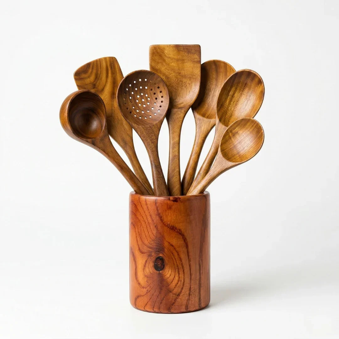Acacia utensils in holder