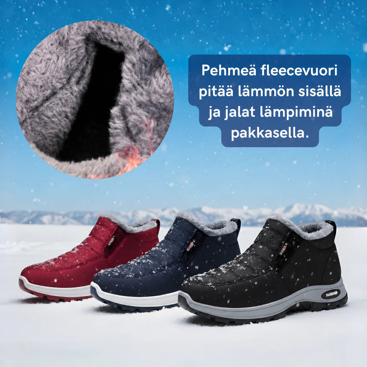Pehmeä fleecevuori pitää jalat lämpiminä